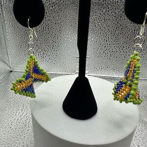 Elegant Beaded Earrings with Blue and Gold Highlights